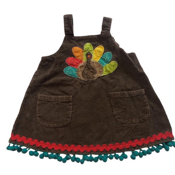 Mud Pie Other - Mud Pie Little Girls Corduroy Jumper Appliquéd Turkey Pom Pom Rick Rack Trim